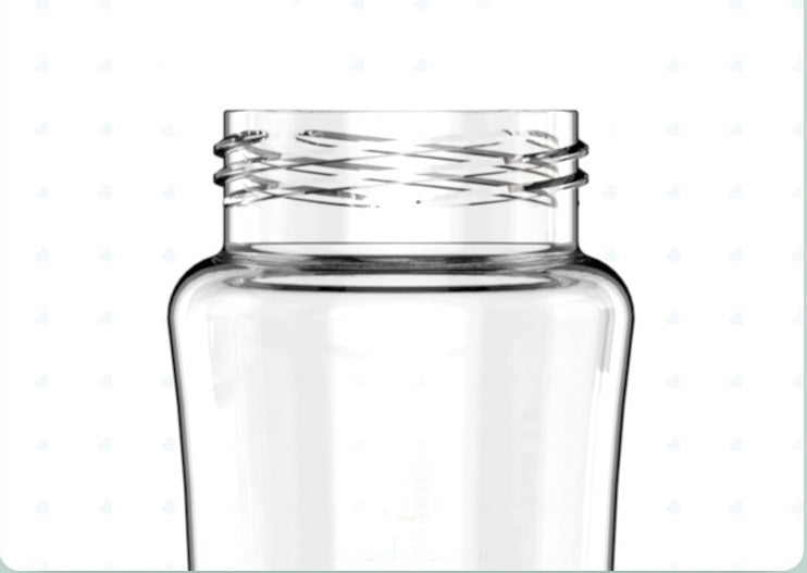Clear glass jar with a ribbed lid on a white background