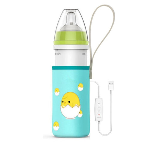 Baby bottle with a blue holder featuring cartoon duck designs on a white background