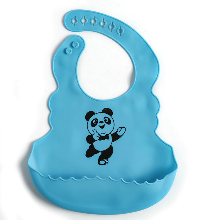 Blue silicone bib with a panda design on a white background