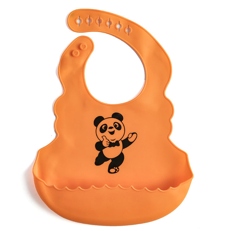 Orange silicone bib with a panda design on a white background