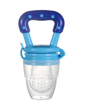 Blue and clear baby food feeder on a white background