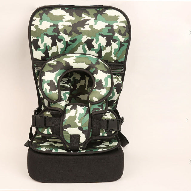 Camouflage-patterned child safety seat on a white background