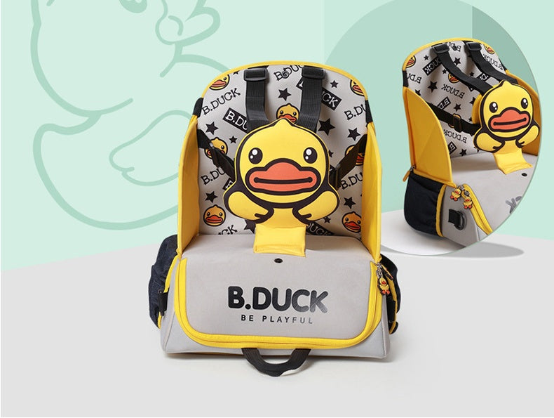 Backpack with a yellow duck design and 'B.Duck' branding on a light gray background.