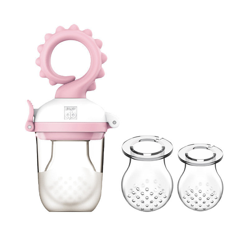 Pink baby feeder with two clear containers on a white background