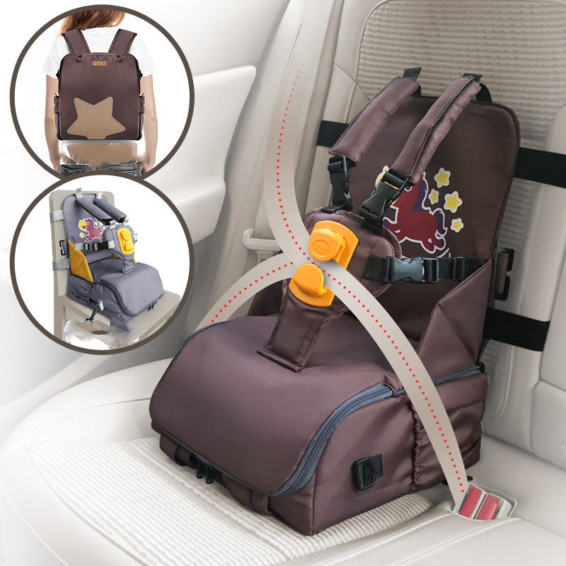 Child car seat with safety straps on a vehicle seat, showing close-up insets of different designs.