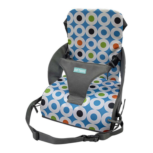 Baby seat with colorful polka dot pattern on a white background