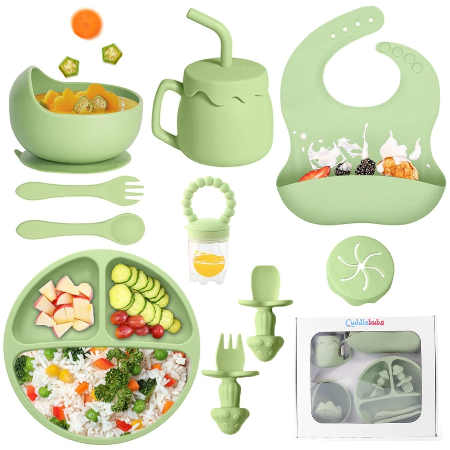 Adlytee siliconen babyvoedingsset met zuignap – 10-delige baby-led weaning benodigdheden: kom, verdeelde plaat, verstelbare zachte slab, lepel, vork, snackbeker en bestek, groen | essentiële maaltijdset voor peuters