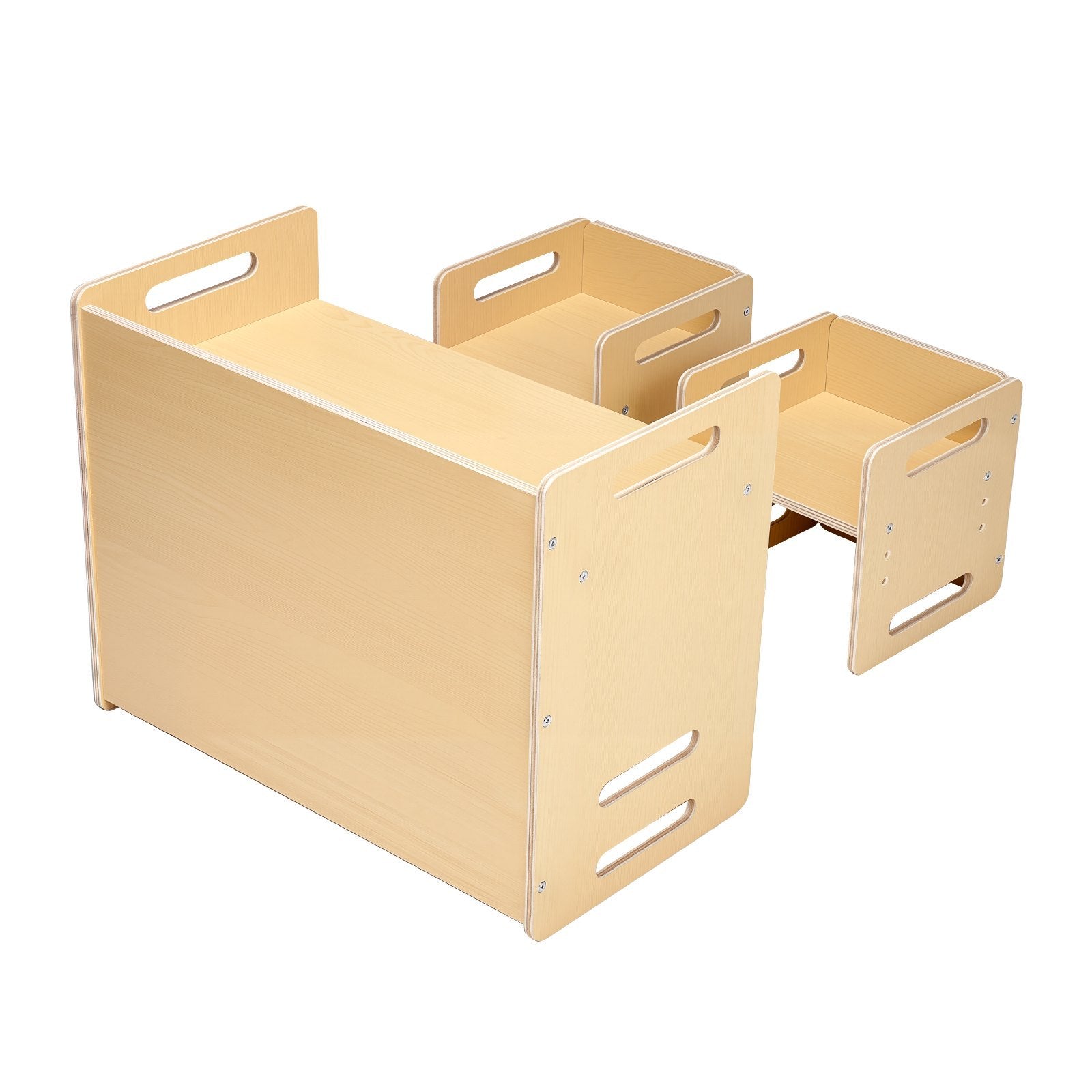 Beige wooden bench with two attached storage boxes on a white background