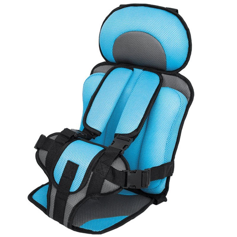 Blue and gray child safety seat on a white background