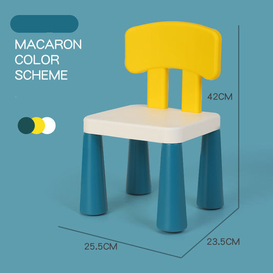 Children's chair with yellow backrest and blue legs on a blue background, featuring a macaron color scheme.