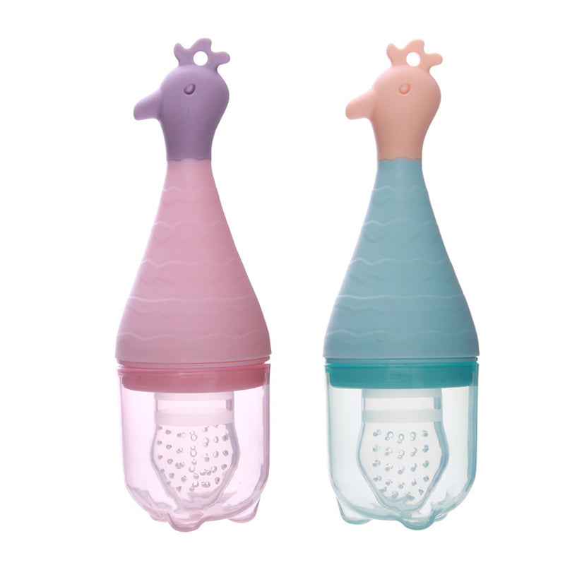 Two giraffe-shaped baby teething toys in pink and blue on a white background