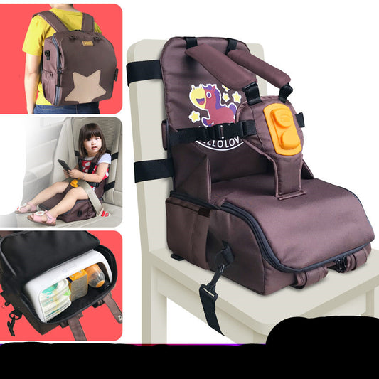 Child safety seat with straps and storage pouch, featuring a brand logo.