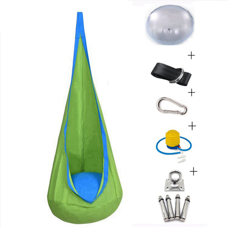 Green and blue hanging chair with accessories on a white background