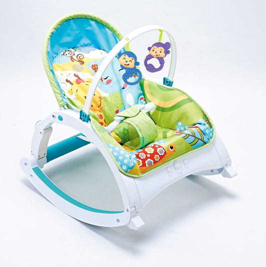 Colorful baby rocker with cartoon characters on a white background
