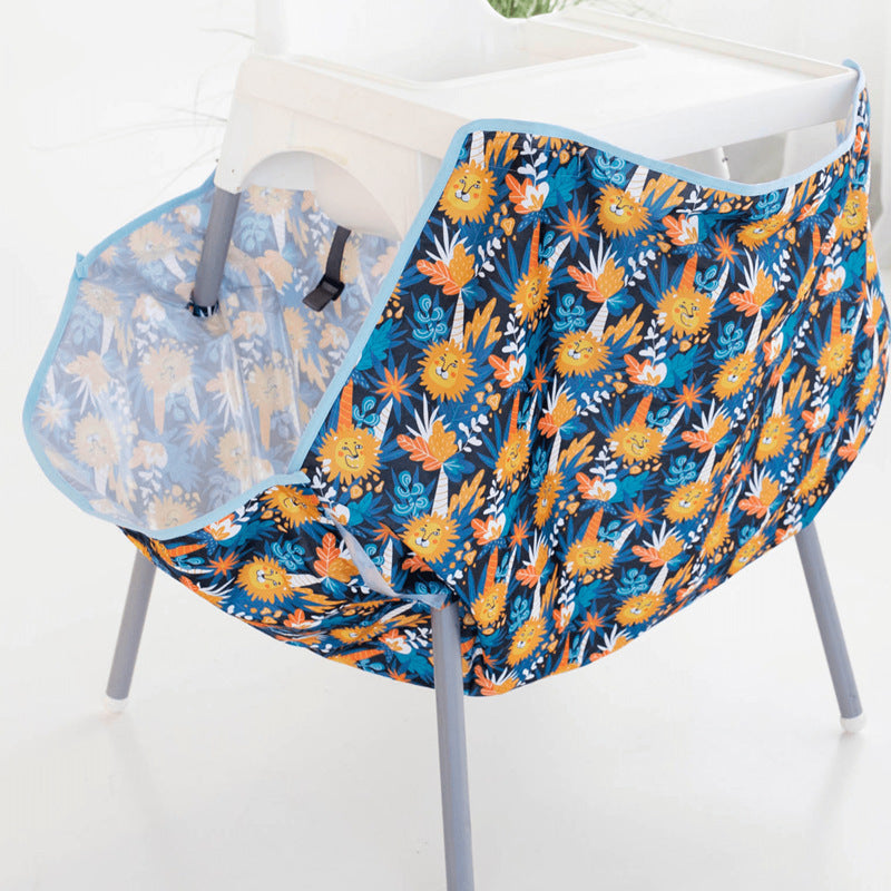 Floral-patterned chair cover on a white chair with a white background