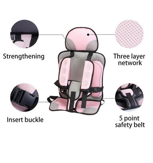 Pink and gray child safety seat with features highlighted on a white background