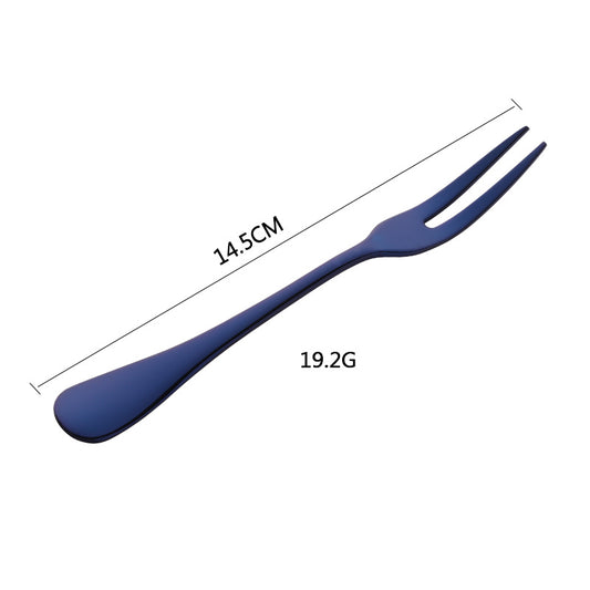 Blue fork with measurements on a white background