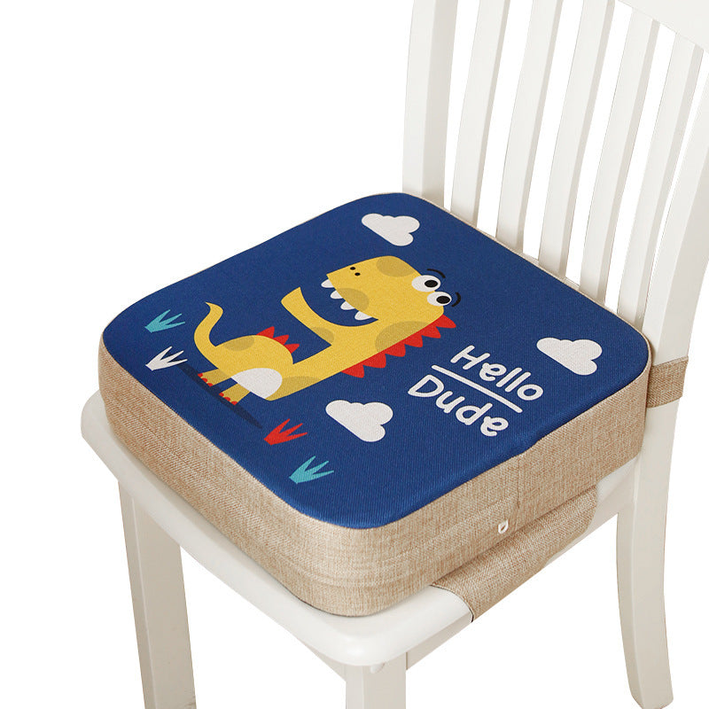 Chair cushion with a dinosaur design and 'Hello Dude' text on a blue background