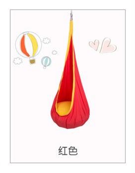 Red hanging chair with colorful balloons and hearts on a white background