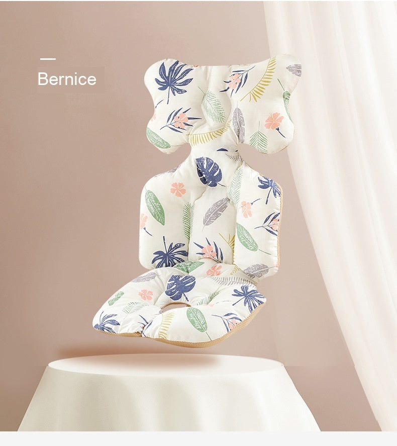 Floral-patterned baby seat cover on a white stand with a beige background