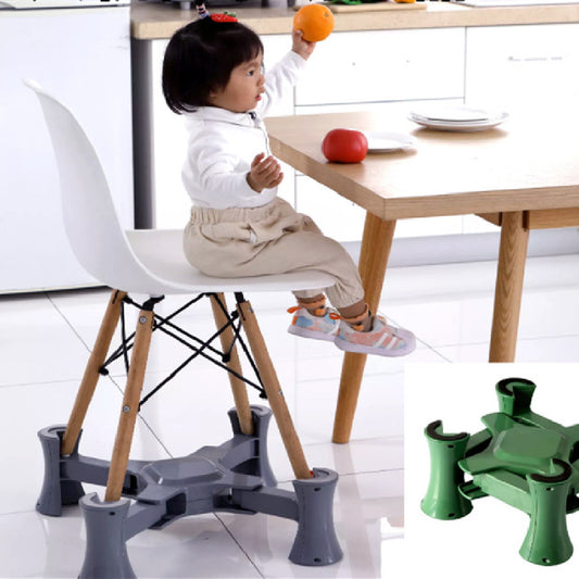 Child sitting on a chair with a table and fruits in the background, with a close-up of a gray table leg extender.