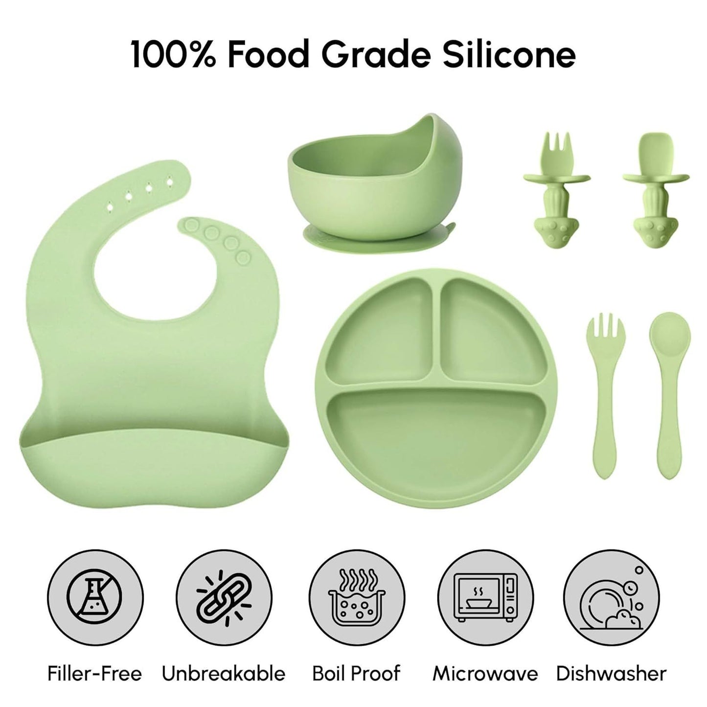 Adlytee siliconen babyvoedingsset met zuignap – 10-delige baby-led weaning benodigdheden: kom, verdeelde plaat, verstelbare zachte slab, lepel, vork, snackbeker en bestek, groen | essentiële maaltijdset voor peuters