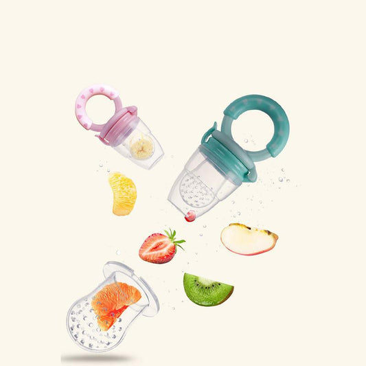 Three fruit pouches with colorful fruits on a white background
