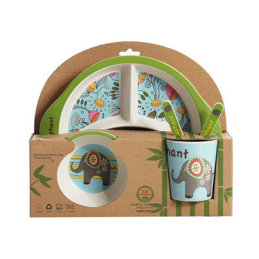 Children's tableware set with plate, bowl, and cup in a cardboard box on a white background