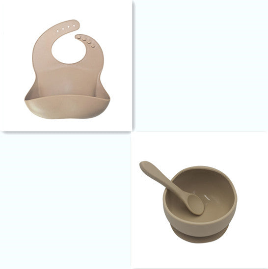Beige silicone bib and bowl set on a white background