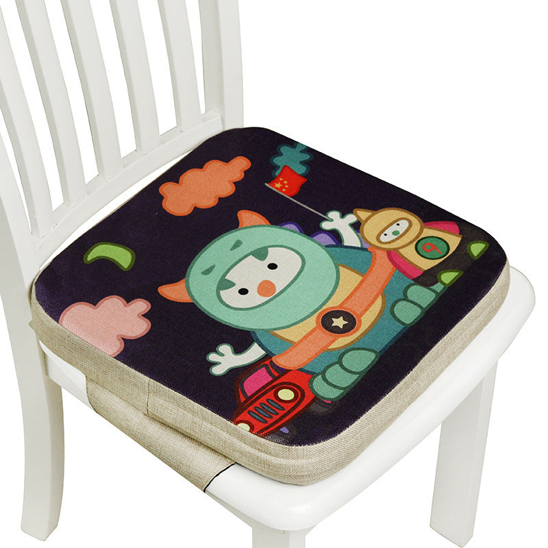 Colorful cartoon character seat pad on a white chair