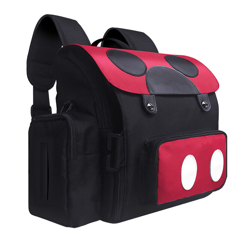 Black and red backpack with cartoon character design on a white background
