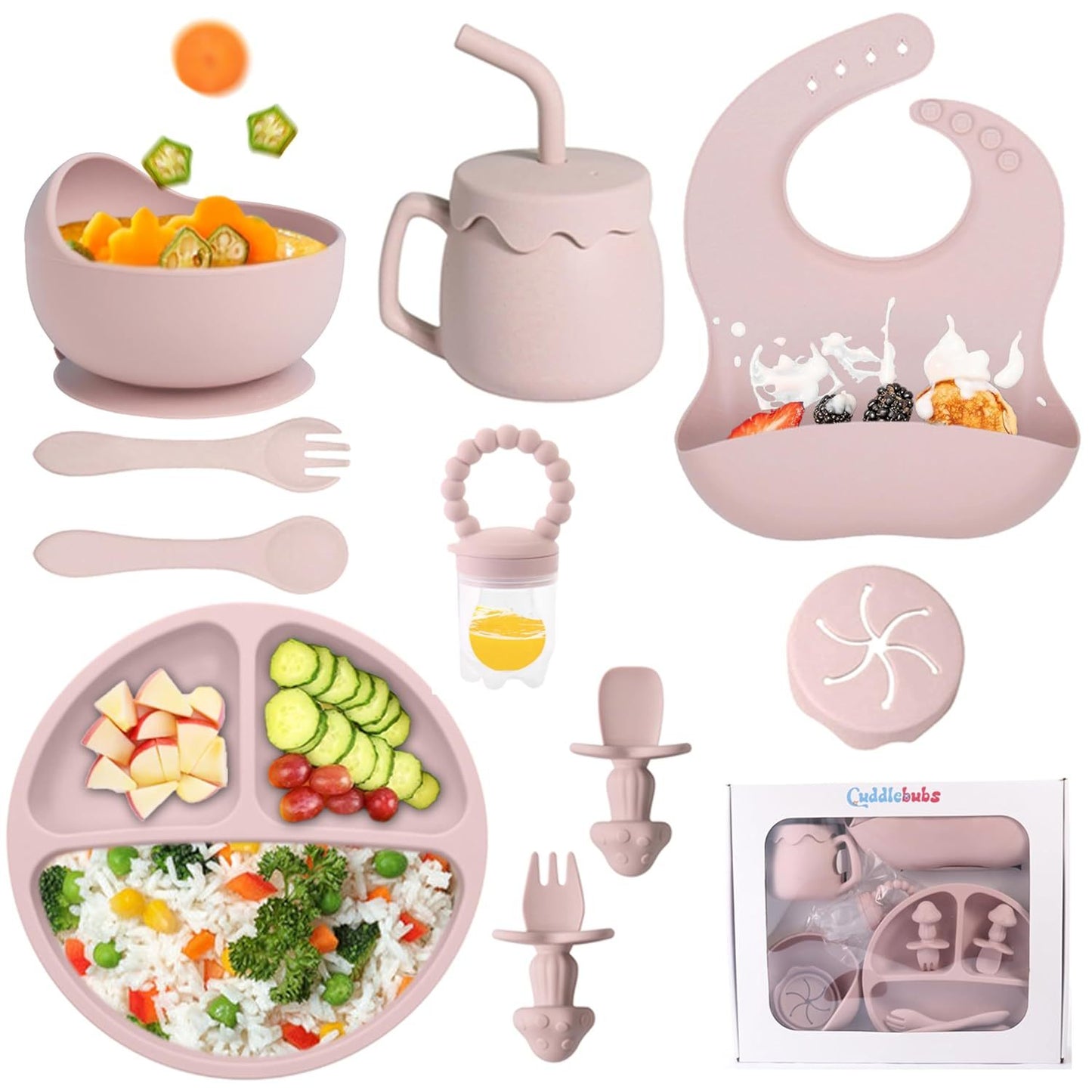 Saquela siliconen babyvoedingsset met zuignap – 10-delige baby-led weaning benodigdheden: zuigkom, verdeelde plaat, verstelbare zachte slab, lepel, vork, snackbeker en bestek, Sakura roze | Essentiële maaltijdset voor peuters
