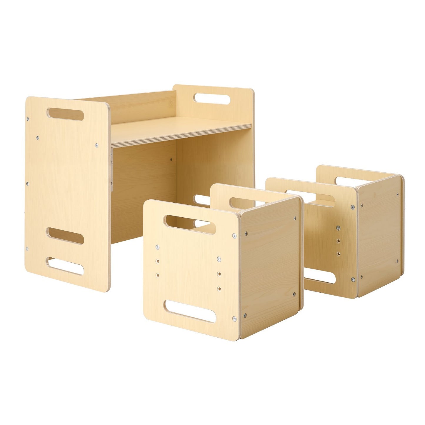 Set of wooden children's furniture including a desk and two chairs on a white background