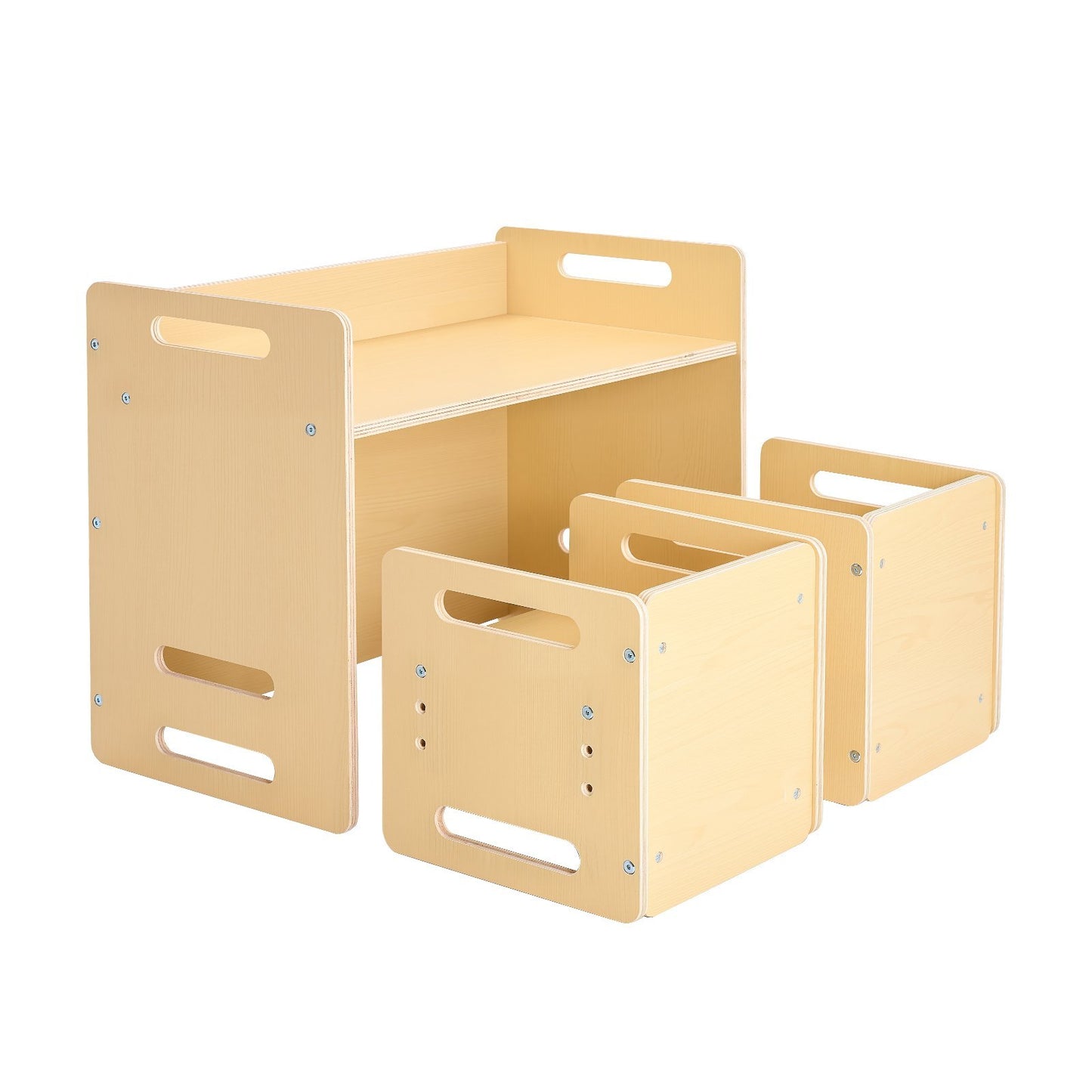 Set of three wooden children's furniture pieces on a white background