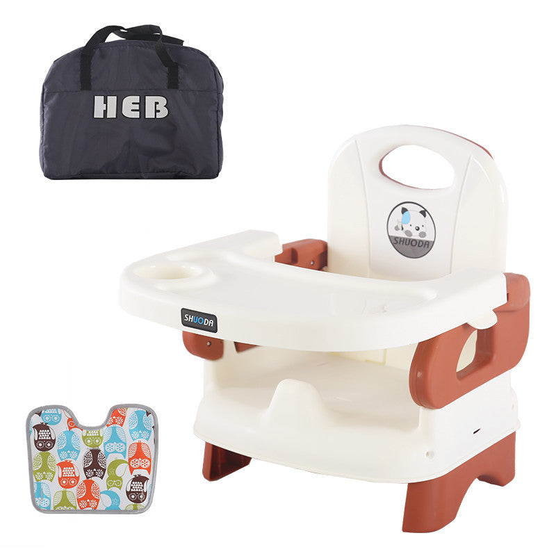 Baby high chair with a HEB bag and bib on a white background
