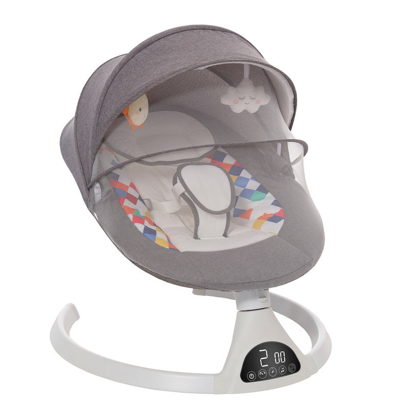  gray baby bouncer with colorful diamond pattern on a wooden floor.