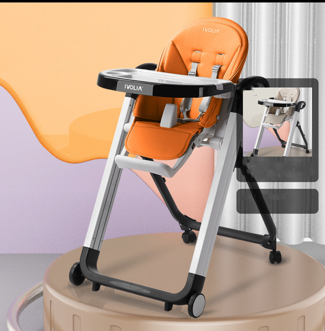 Orange high chair with black tray on a round platform against a colorful background