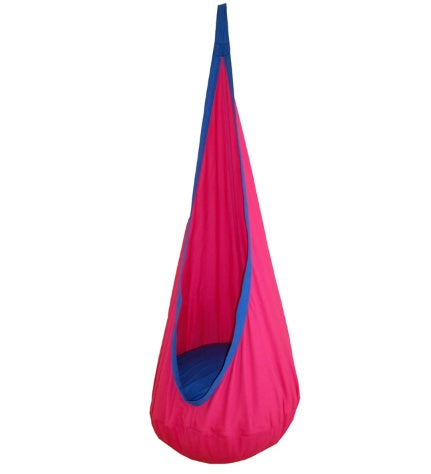 Pink and blue hanging chair on a white background