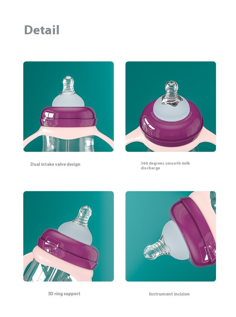 Baby bottle with purple and clear components on a teal background