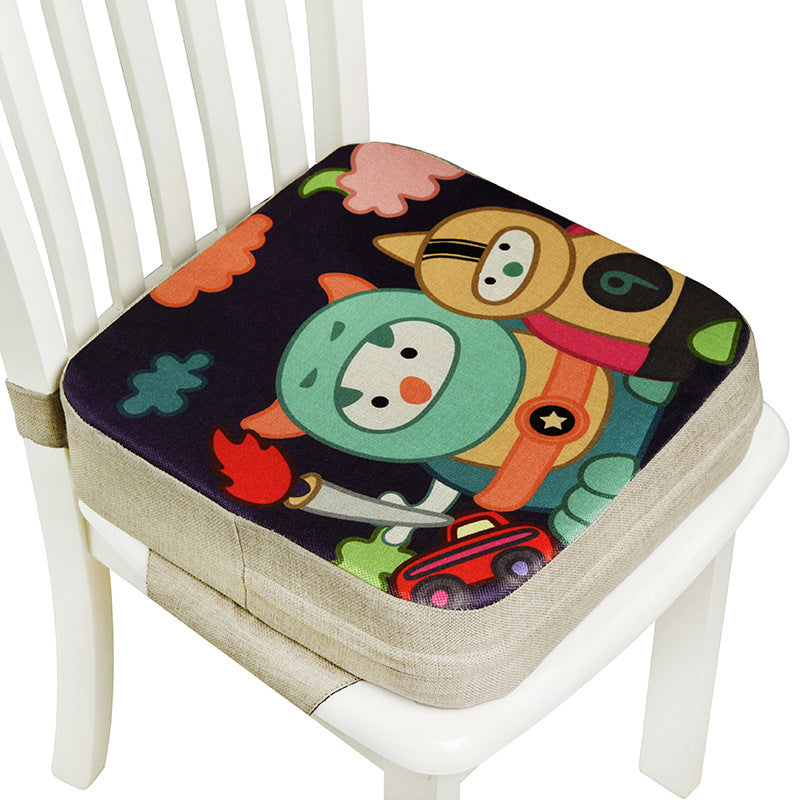 Colorful cartoon character seat pad on a white chair