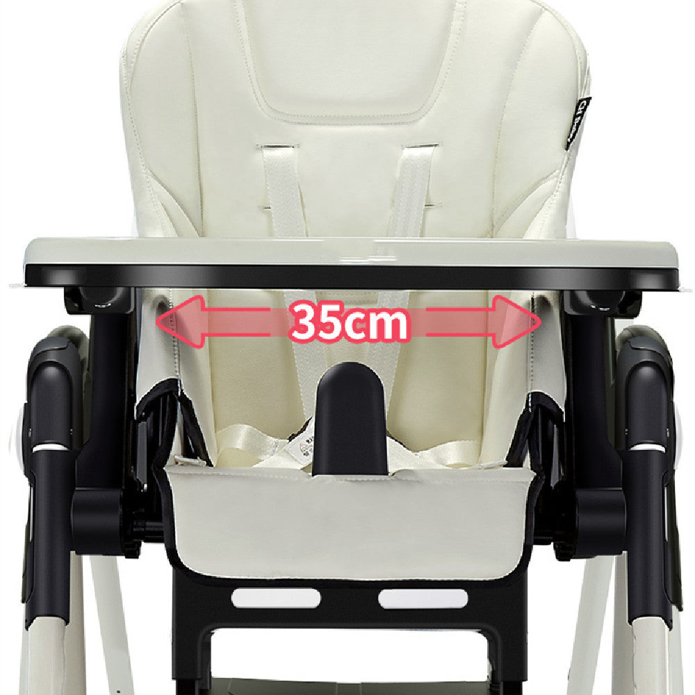 White baby high chair with a measurement label indicating 35cm on the table.