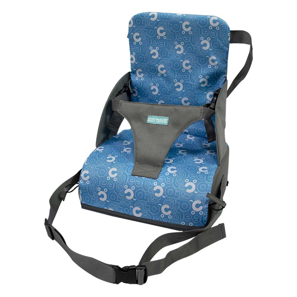Blue high chair with gray accents on a white background