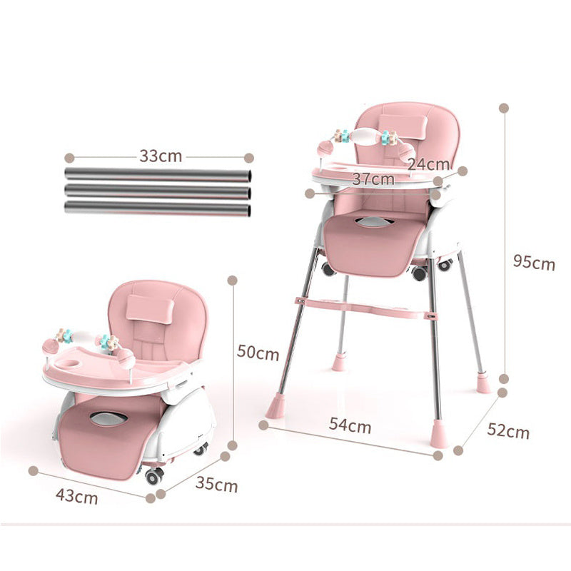 Pink baby high chair with dimensions on a white background