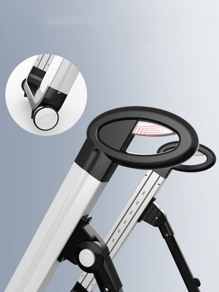 Close-up of a telescopic ladder with a focus on the handle and lock mechanism against a light gray background.
