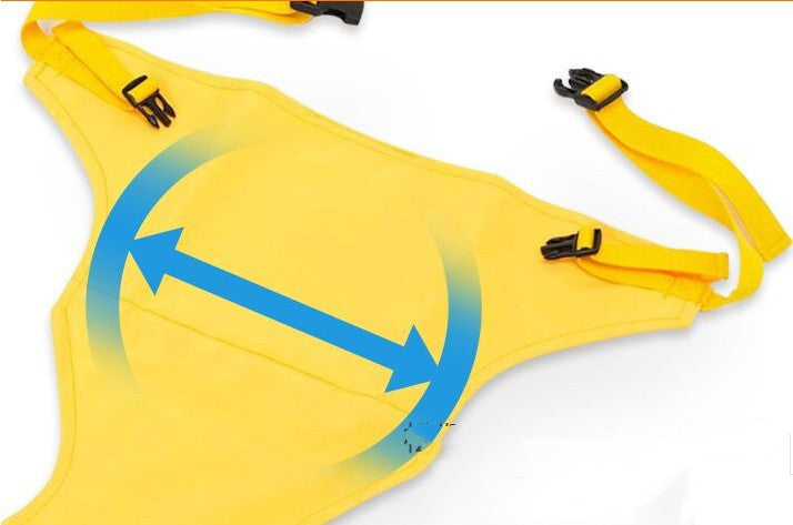 Yellow dog muzzle with blue arrows indicating movement on a white background