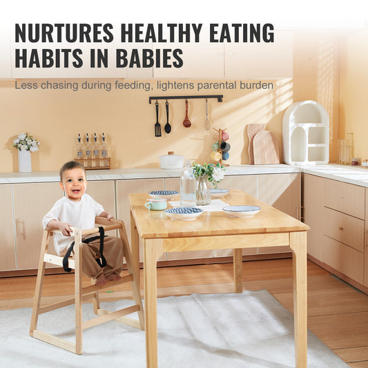 Child in a high chair at a kitchen table with text about healthy eating habits.