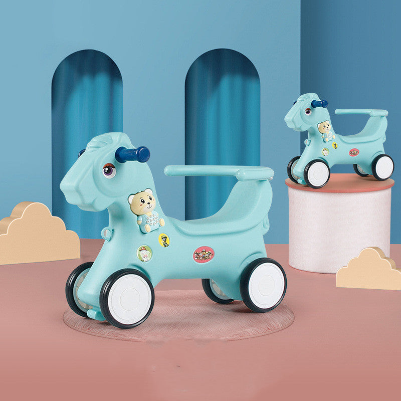 Light blue children's toy horse with wheels on a pink platform against a blue background