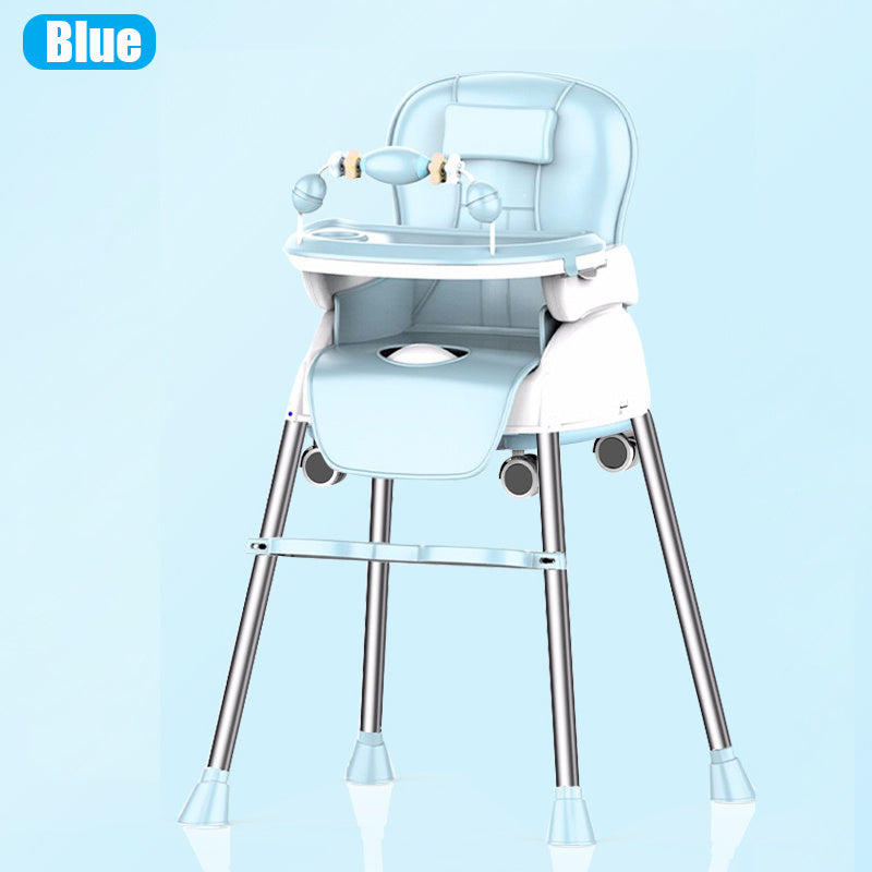 Blue baby high chair with transparent backrest on a light blue background