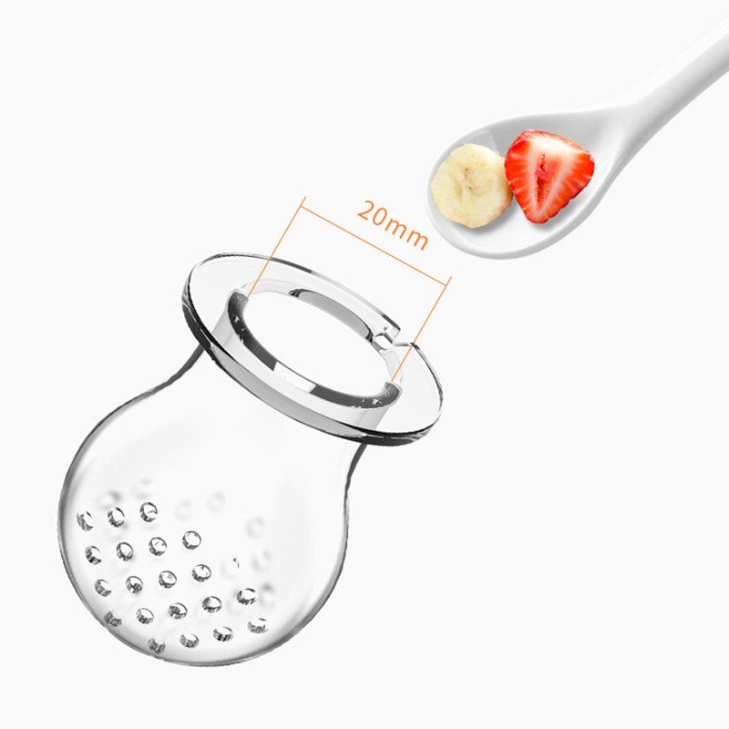 Spoon with a mesh strainer attachment and measurement details on a white background