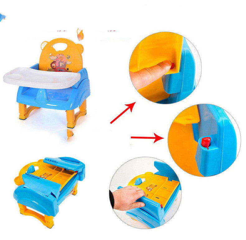 Baby dining chair with multiple views and features highlighted on a white background